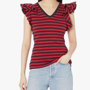 Tommy Striped Ruffle Sleeve Top - Red and Black
